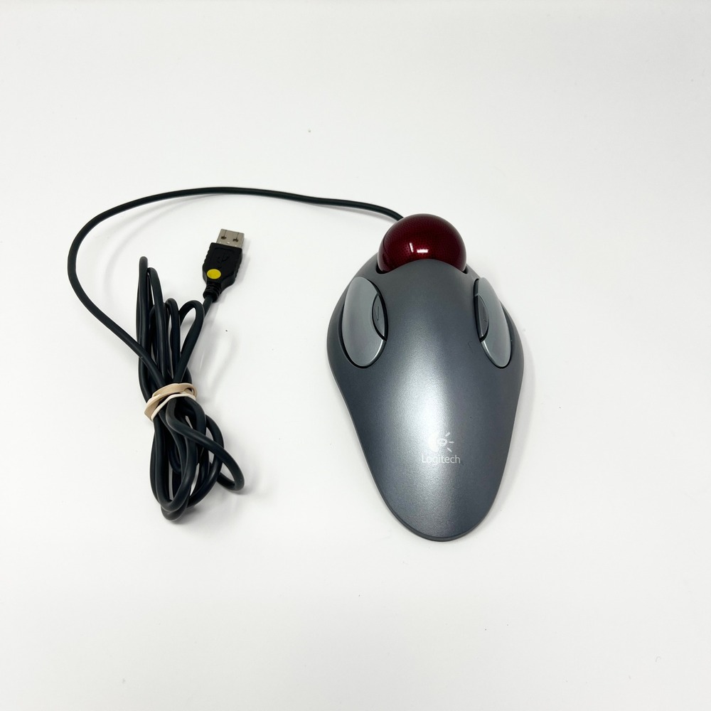 Logitech Trackman Marble Mouse Wired USB Optical Trackball Silver Red Working